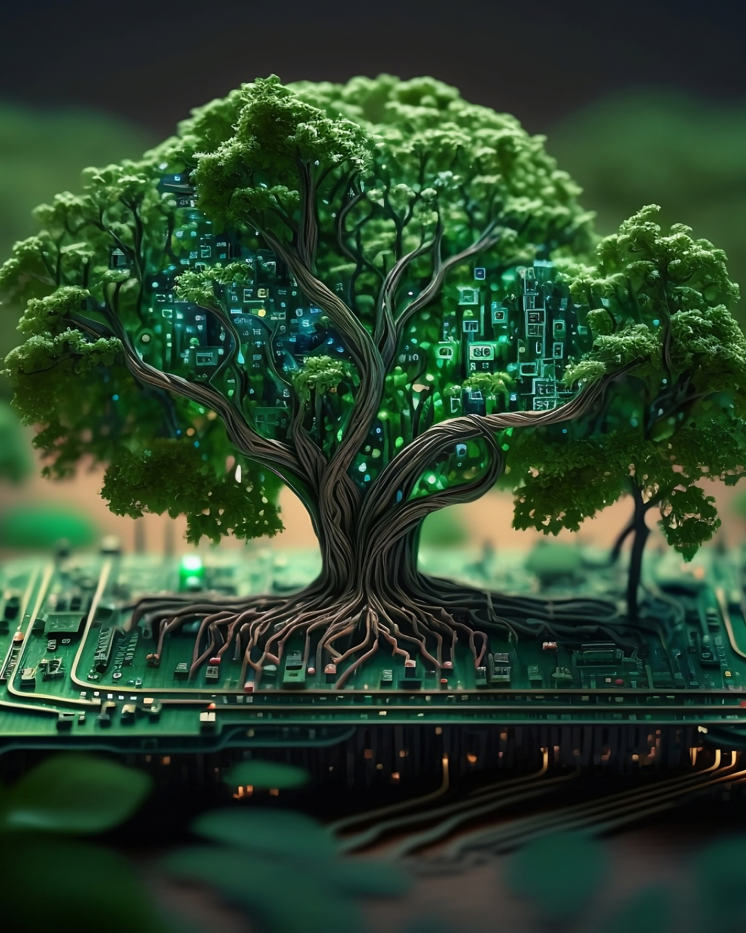 illustration d'un arbre qui pousse sur un circuit imprimé, traduisant la conscience d'Astrelya en matière de RSE IT. Un engagement au quotidien
